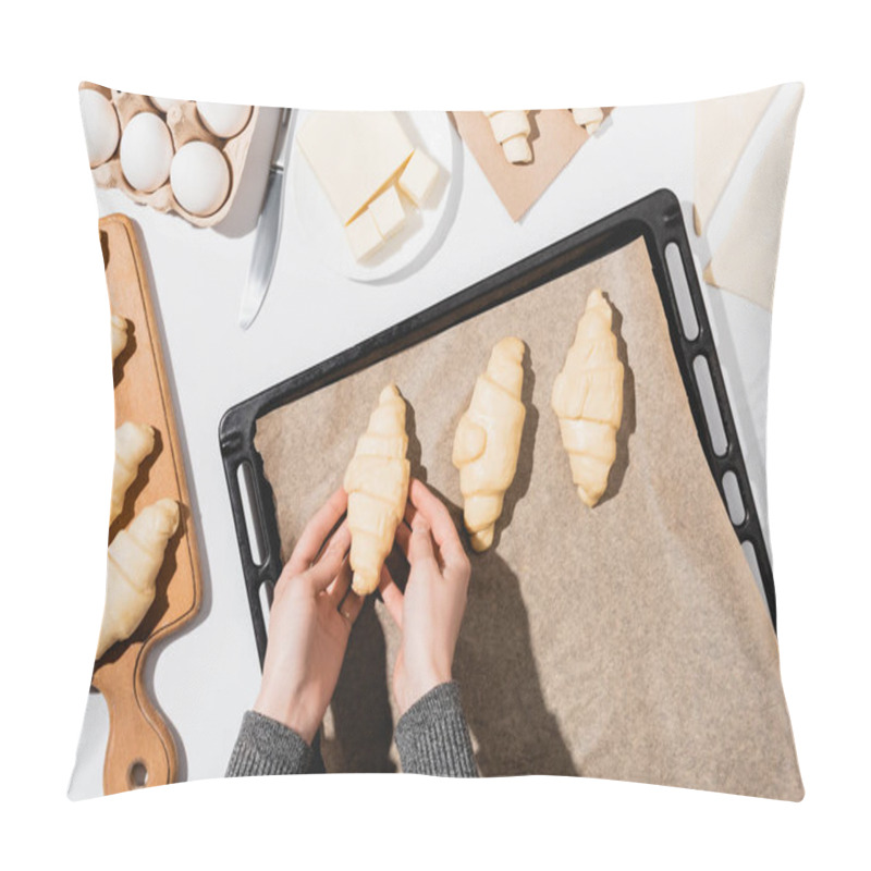 Personality  Cropped View Of Woman Putting Croissants On Baking Tray On White Background Pillow Covers