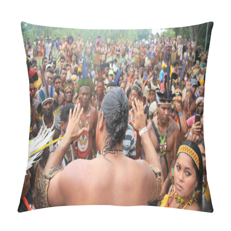 Personality  Salvador, Bahia, Brazil - April 26, 2022: Indians From Different Tribes Of Bahia During Protests In The City Of Salvador. The Group Seeks Improvements To Their Villages Pillow Covers