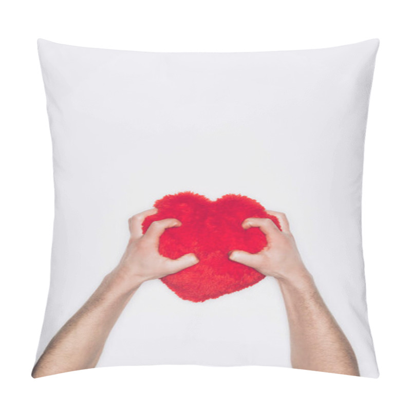 Personality  Cropped Shot Of Man Squeezing Red Heart Pillow Isolated On White Pillow Covers