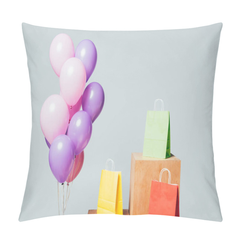 Personality  Bundle Of Pink And Violet Balloons Near Shopping Bags On Stands Isolated On White, Summer Sale Concept Pillow Covers