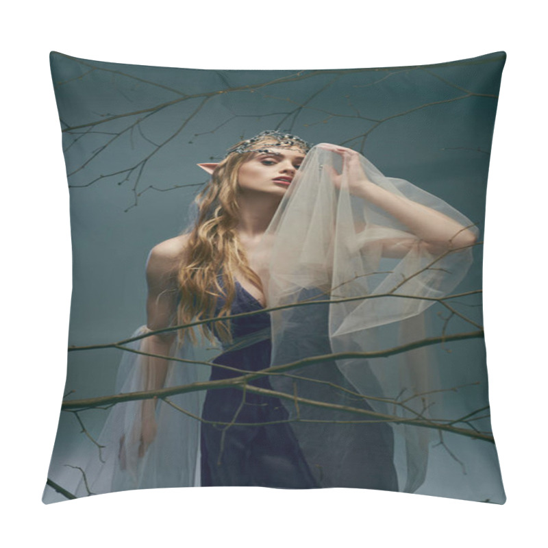 Personality  A Young Woman In A Dress Resembling An Elf Princess, Adorned With A Veil, Exuding An Air Of Fantasy And Enchantment In A Studio Setting. Pillow Covers