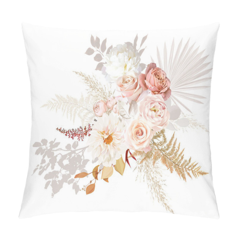 Personality  Rust Orange And Blush Pink Antique Rose, Beige And Pale Flowers, Creamy Peony, Ranunculus, Dahlia, Pampas Grass, Fall Leaves Wedding Vector Bouquet. Floral Watercolor Arrangement.Isolated And Editable Pillow Covers