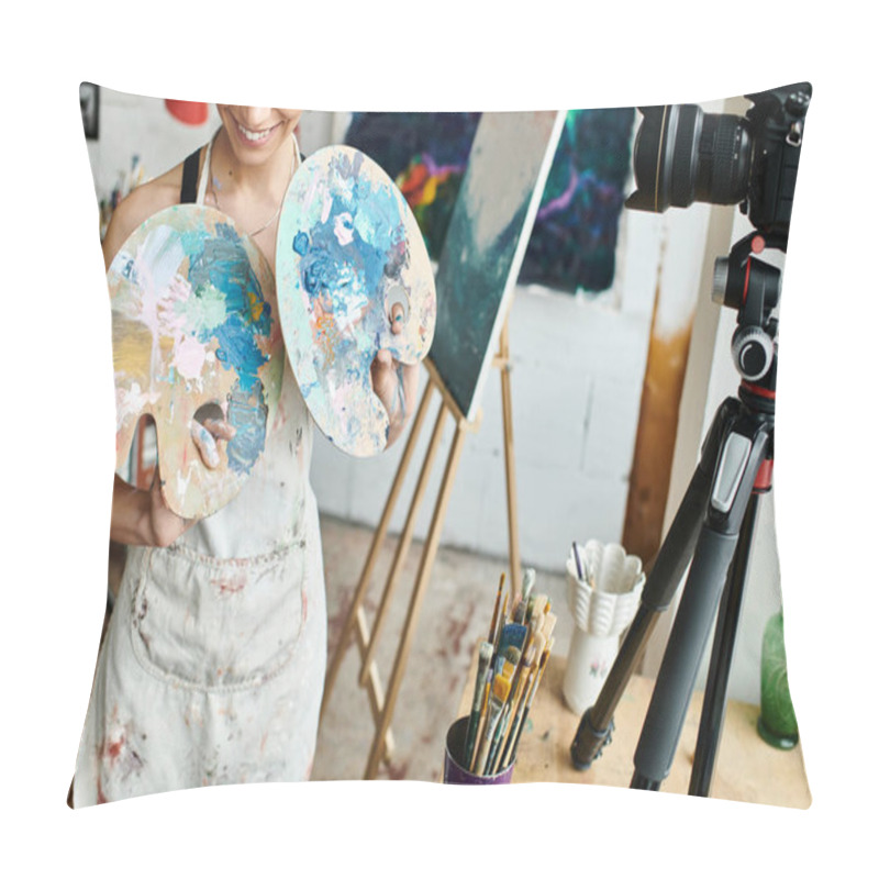 Personality  A Woman Showing Palettes At A Camera Lens. Pillow Covers