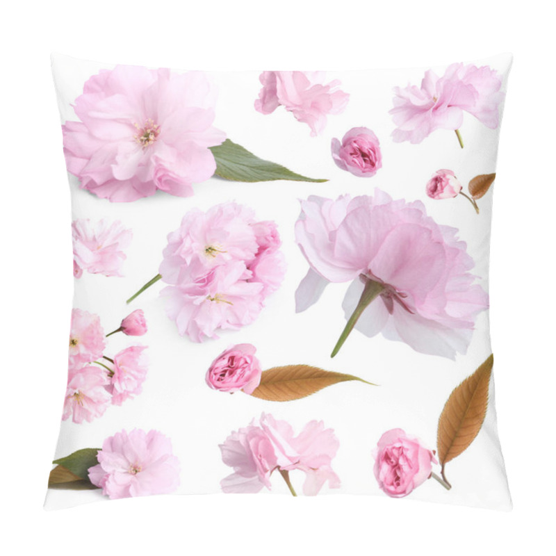 Personality  Set Of Beautiful Sakura Blossoms On White Background. Spring Season Pillow Covers