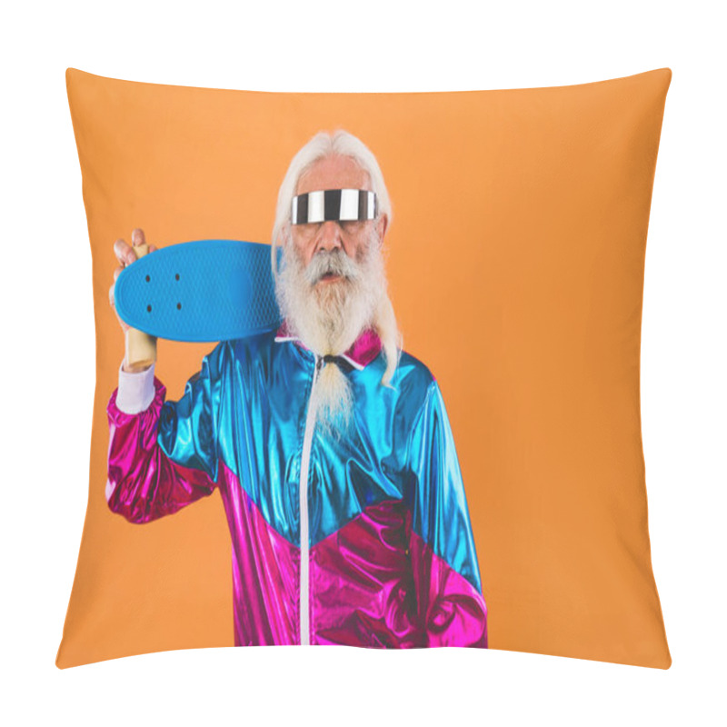 Personality  Senior Man With Eccentric Look  - 60 Years Old Man Having Fun, Portrait On Colored Background, Concepts About Youthful Senior People And Lifestyle Pillow Covers