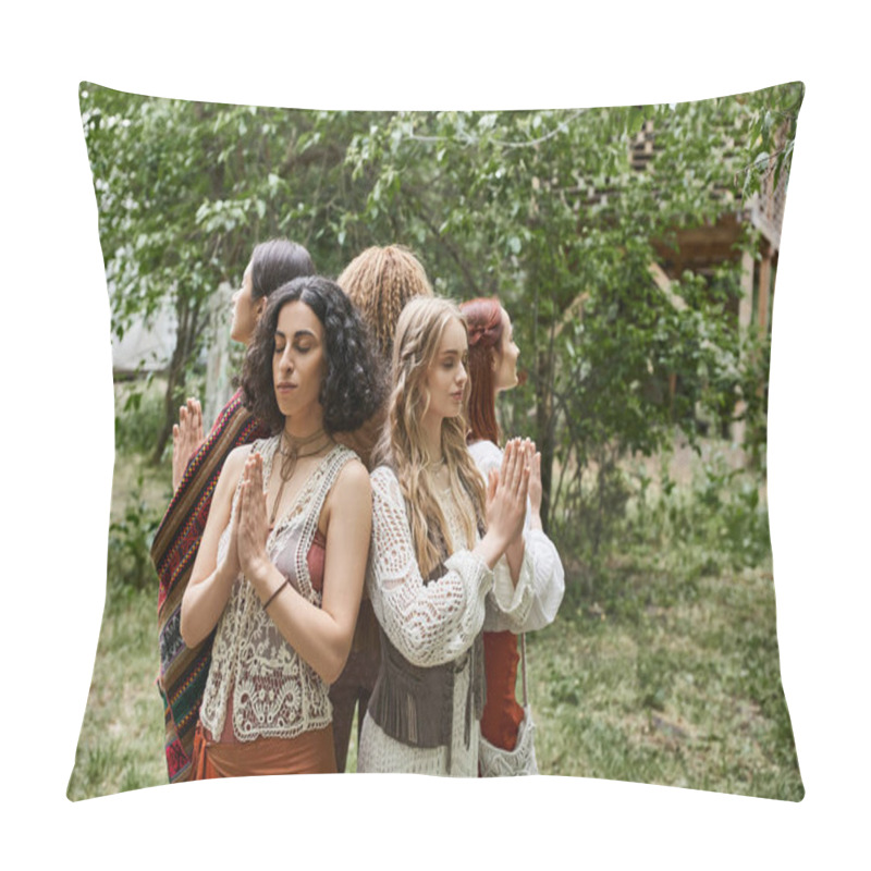 Personality  Multiethnic Women Praying While Standing Back To Back Outdoors In Retreat Center Pillow Covers