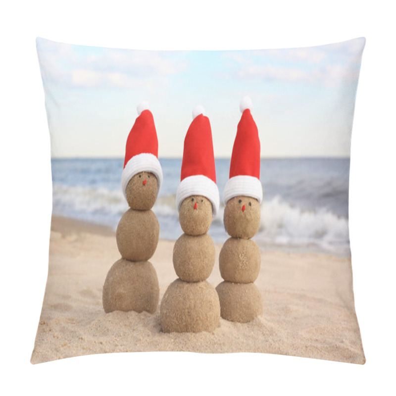 Personality  Snowmen Made Of Sand With Santa Hats On Beach Near Sea. Christmas Vacation Pillow Covers