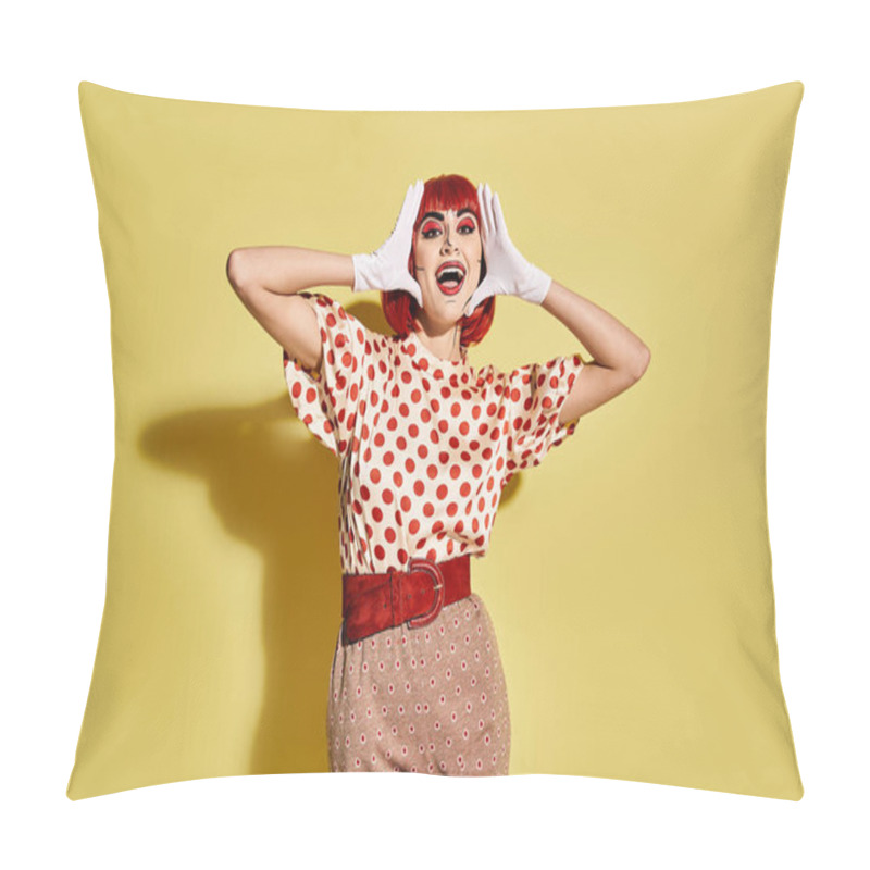 Personality  A Pretty Redhead Woman With Pop Art Makeup In A Polka Dot Shirt On A Yellow Background, Resembling A Character From Comics. Pillow Covers