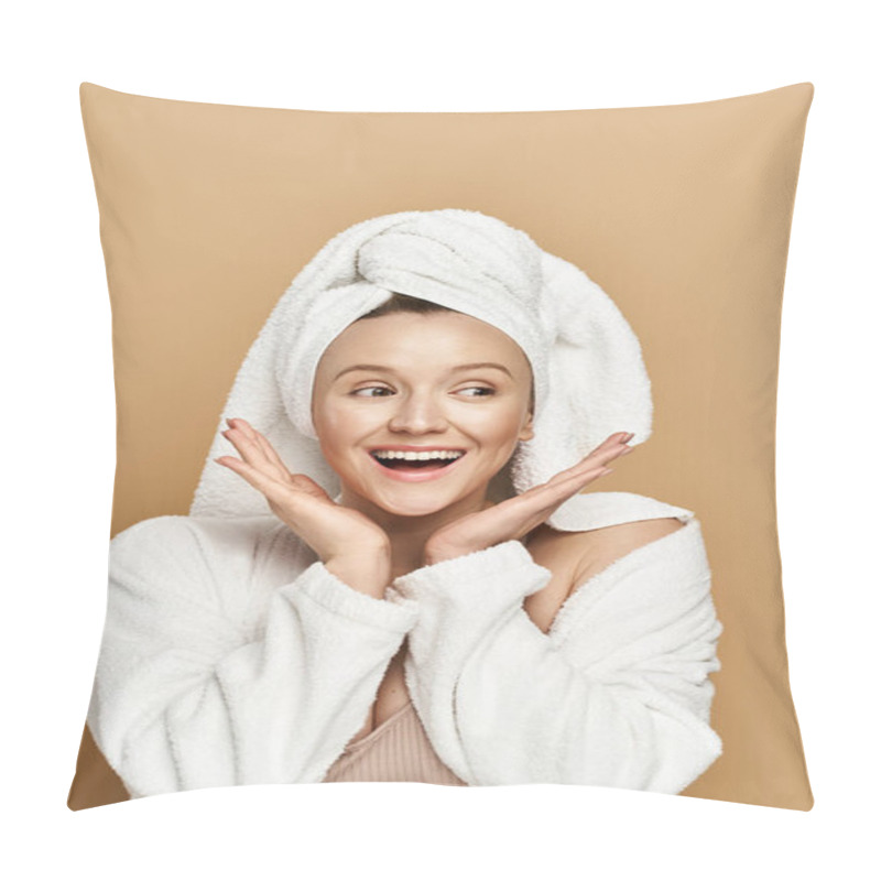 Personality  A Stunning Woman, Radiating Natural Beauty, Wears A Towel On Her Head In A Regal Pose. Pillow Covers