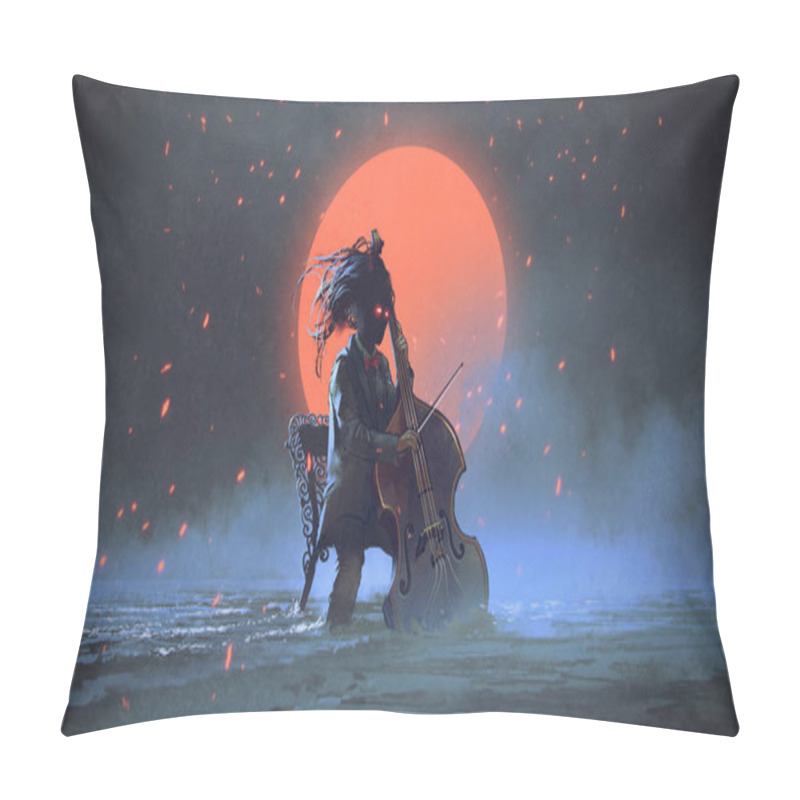 Personality  Mysterious Man Sitting On A Chair Playing The Cello In The Sea Aginst The Night Sky With The Red Moon, Digital Art Style, Illustration Painting Pillow Covers