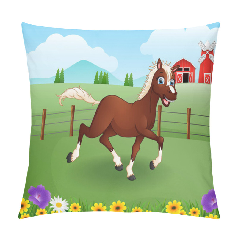 Personality  Illustration Of Happy Horse Cartoon In The Farm With Green Field Pillow Covers