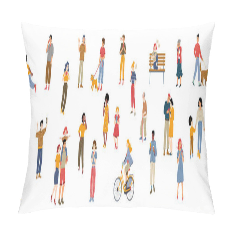 Personality  People Crowd, Group Of Diverse Characters, Modern Community, City Dwellers, Audience. Young And Old Men Or Women, Kids, Teenagers, Mother With Children, Couples, Pets Line Art Flat Vector Illustration Pillow Covers