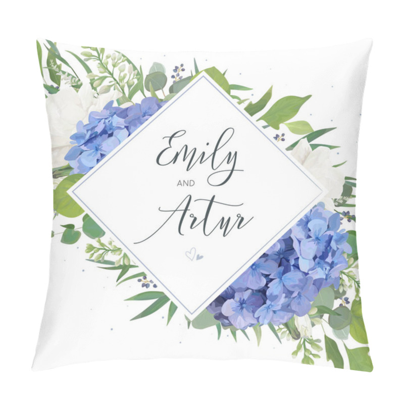 Personality  Wedding Floral Invite, Save The Date Card Design With Elegant Blue Violet Hydrangea Flowers, White Garden Roses,  Eucalyptus Green Branches, Greenery Leaves & Rhombus, Geometrical Frame. Trendy Layout Pillow Covers