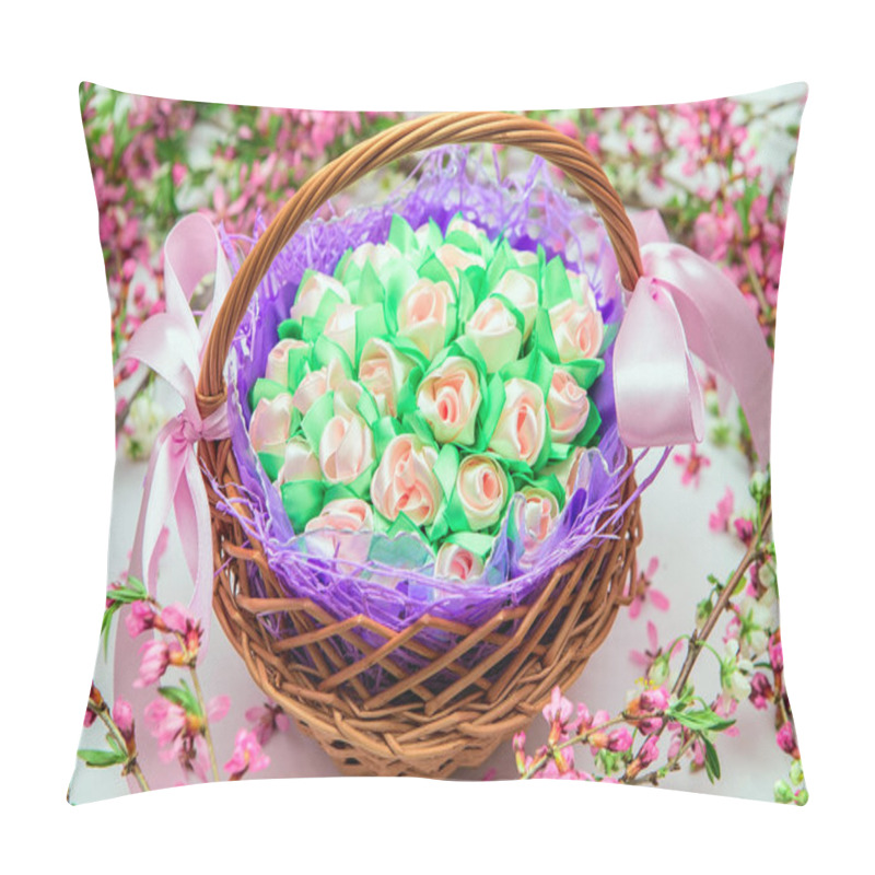 Personality  Small Basket With Some Flowers And Ribbon Bows With Spring Branches On A White Background Pillow Covers