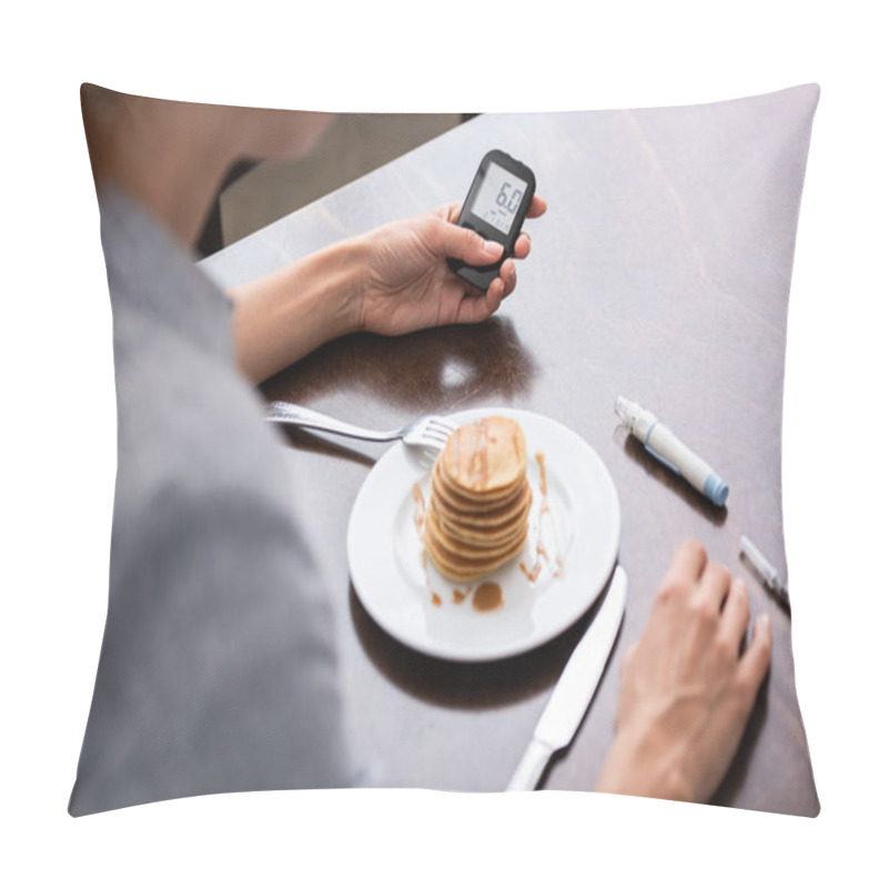 Personality  Selective Focus Of Woman With Diabetes Holding Glucose Monitor Near Pancakes  Pillow Covers