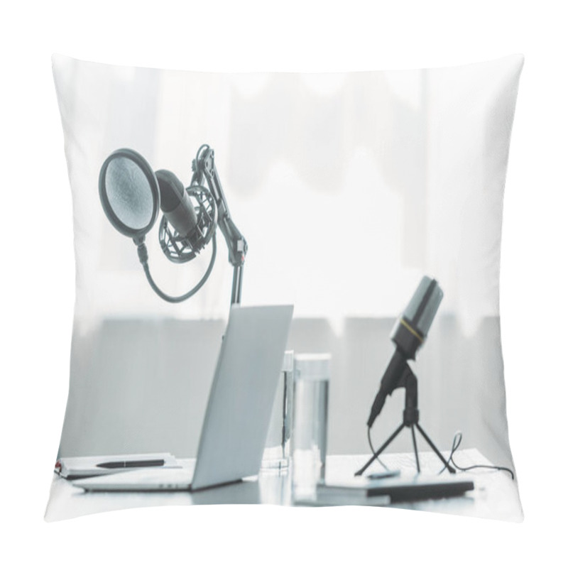 Personality  Microphones, Laptop And Glasses With Water On Table In Broadcasting Studio Pillow Covers