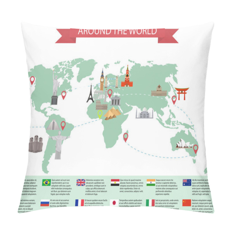 Personality  Infographic World Landmarks On Map. Kremlin And Eiffel And Leaning Tower, China And Japan And India. Vector Illustration Pillow Covers