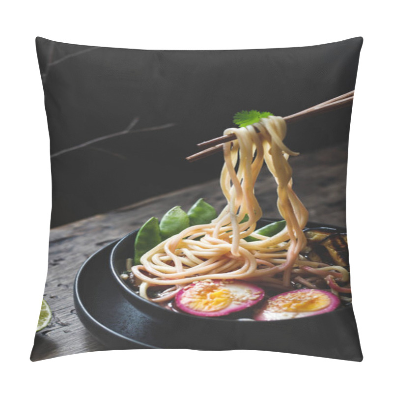 Personality  Asian Noodle Soup With Vegetables And Pickled Egg, Close Up. Pillow Covers