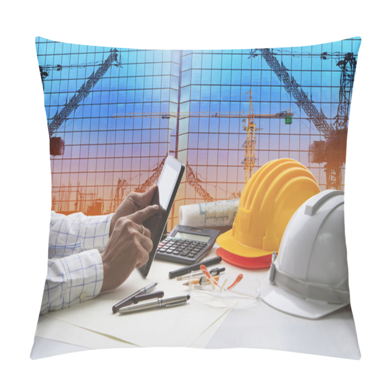 Personality  Hand Of Architect Working On Table With Tablet Computer And Work Pillow Covers