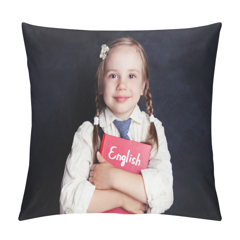 Personality  Little Child Girl Embracing English Book Against Chalkboard Background In School Classroom. Learning English Concept. Back To School Pillow Covers