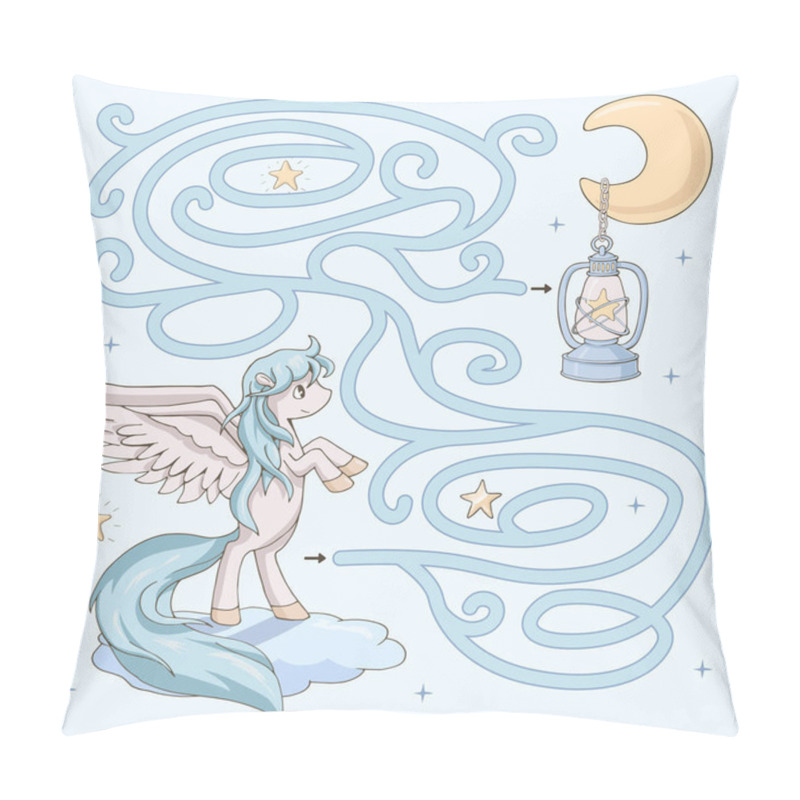 Personality  Labyrinth. Maze Game For Kids. Help Cute Cartoon Pegasus On A Cloud Find Path To The Moon And Star In A Lantern. Fantasy Vector Illustration. Light Blue And Yellow Pastel Colors. Pillow Covers