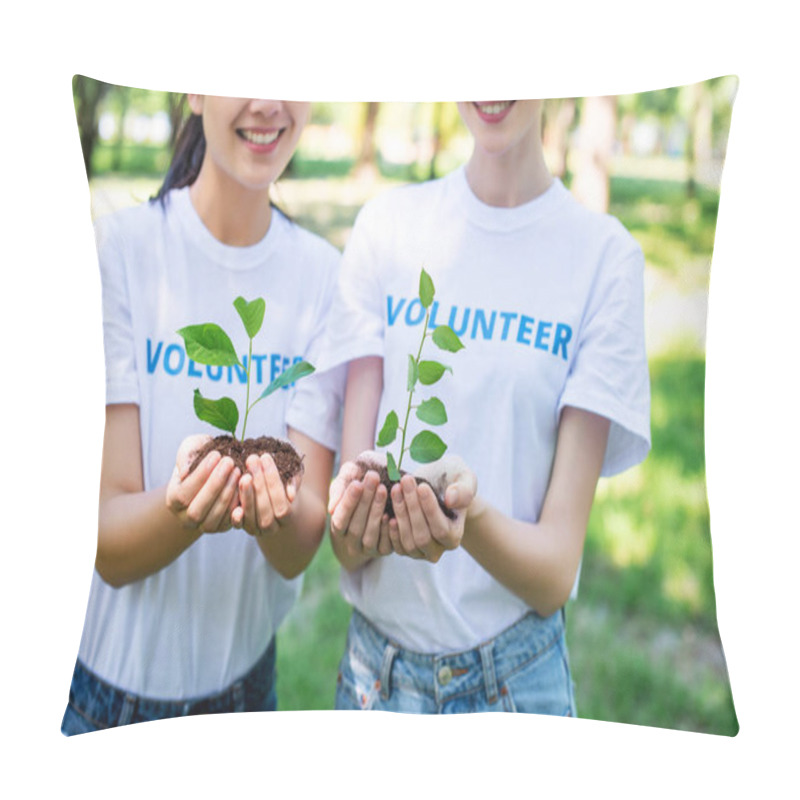 Personality  Cropped View Of Volunteers Holding Soil With Seedlings In Hands Pillow Covers