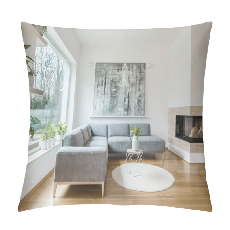 Personality  Spacious White Living Room Interior With Grey Corner Couch, Big Modern Art Painting And Fireplace Pillow Covers