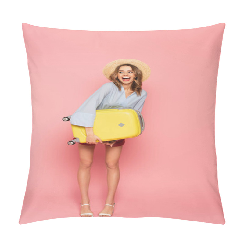 Personality  Pretty Woman In Sun Hat Posing With Suitcase On Pink Background  Pillow Covers