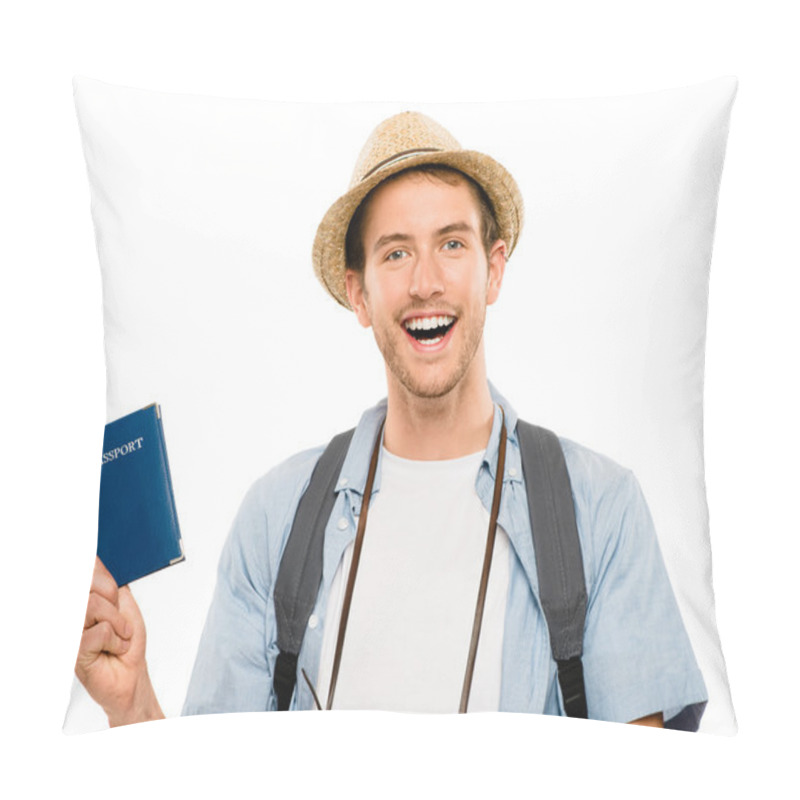 Personality  Happy Young Tourist Travel Passport Isolated White Background Pillow Covers