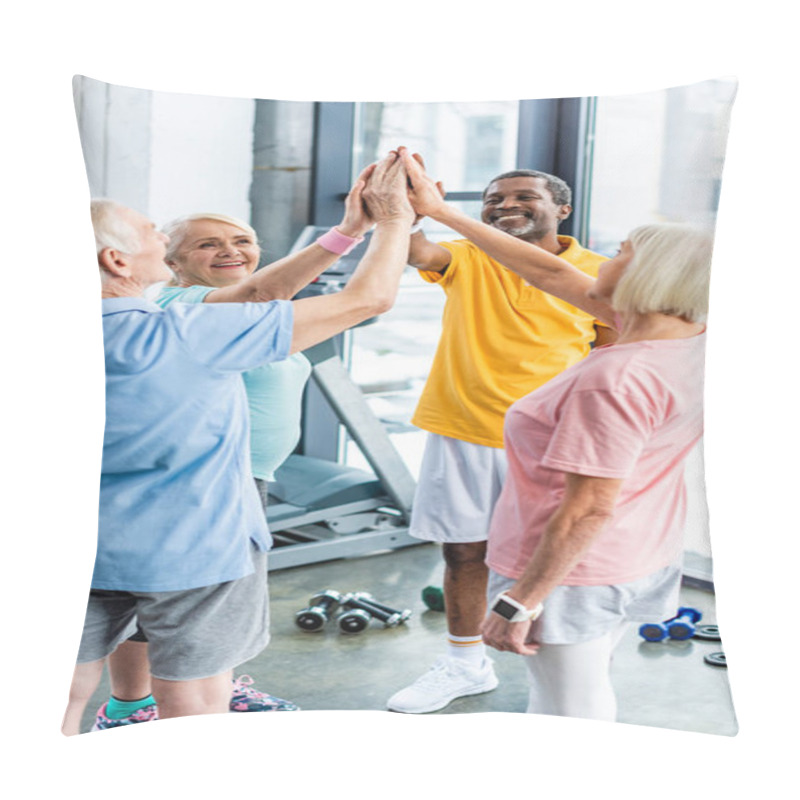 Personality  Senior Multicultural Sportspeople Putting Hands Together At Gym Pillow Covers