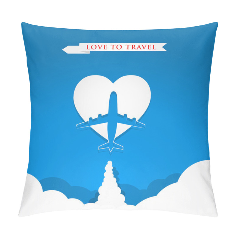 Personality  Love Travel Concept With Airplane On Heart Shape On Blue Background Pillow Covers