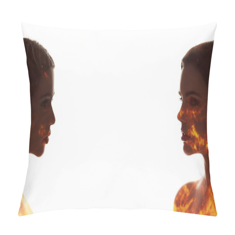 Personality  Fantasy Couple Portrait. Female Sensuality. Orange Sparks In Woman Silhouettes Double Exposure Isolated On White Copy Space Background. Pillow Covers