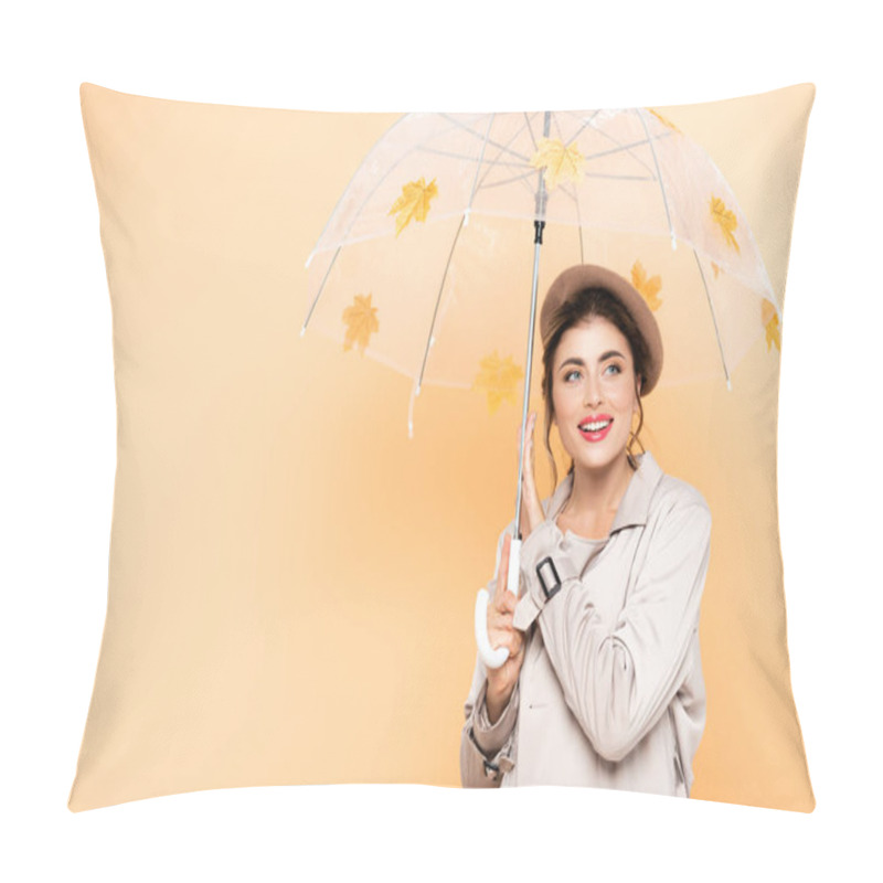 Personality  Fashionable Woman In Trench Coat And Beret Posing Under Umbrella With Yellow Leaves On Peach Pillow Covers