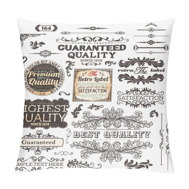 Personality  Vector Set: Calligraphic Design Elements And Page Decoration, Premium Quality, Seafarers And Satisfaction Guarantee Label Collection With Black Grungy Design And Flowers Pillow Covers