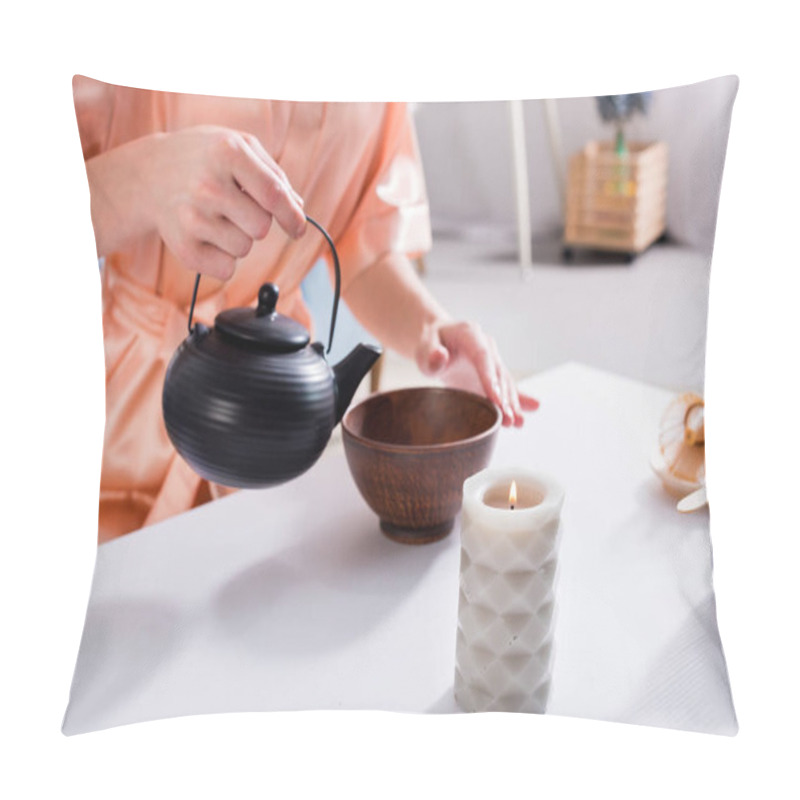 Personality  Cropped Shot Of Woman Making Tea While Having Tea Ceremony In Morning At Home Pillow Covers