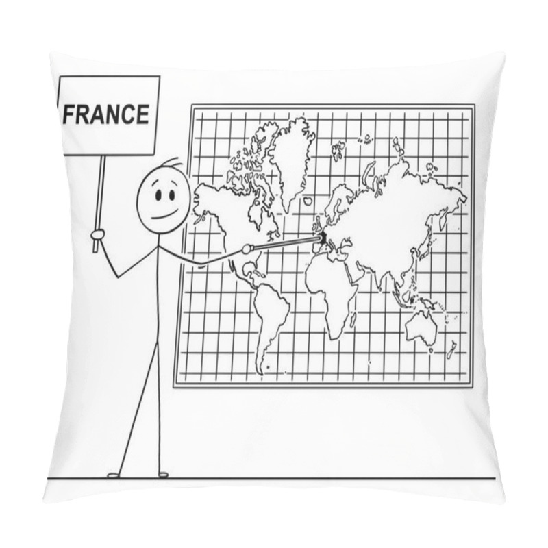 Personality  Cartoon Of Man Pointing At French Republic Or France On Wall World Map Pillow Covers