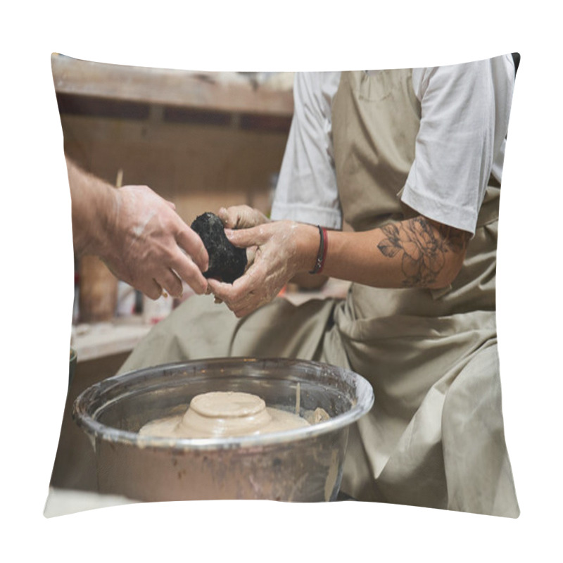 Personality  Hands Expertly Shape Clay On A Spinning Wheel While An Artist Guides The Process. Pillow Covers