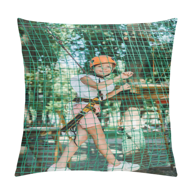 Personality  Smiling Child In Helmet With Height Equipment In Adventure Park  Pillow Covers