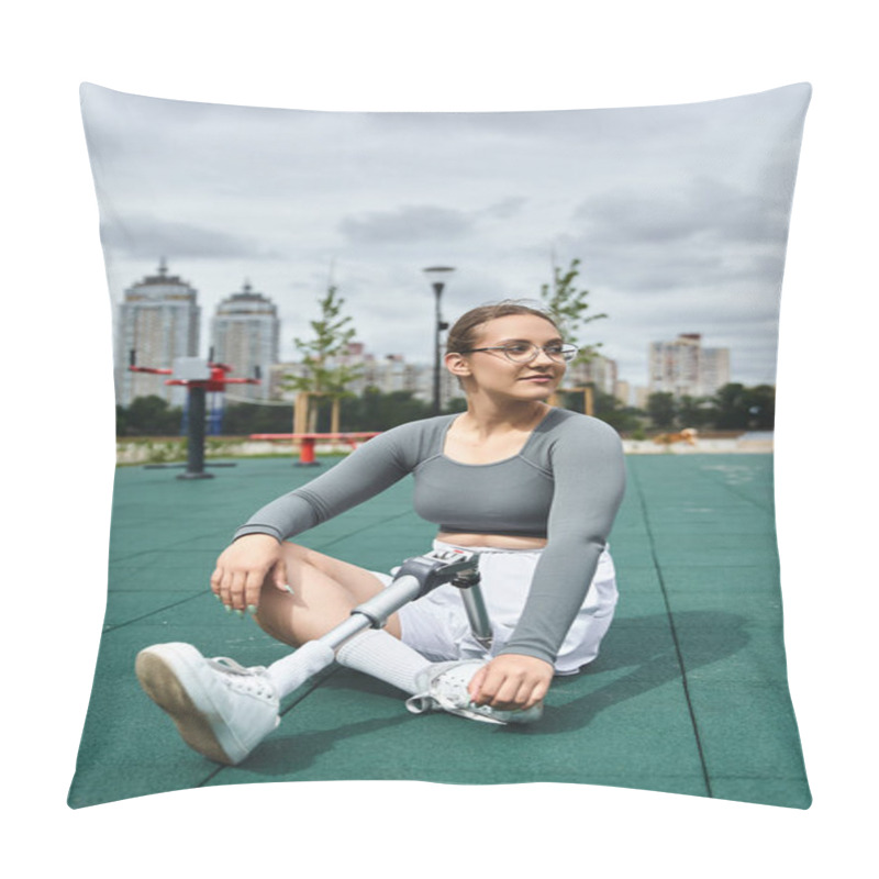 Personality  A Young Woman With A Prosthetic Leg Relaxes Outdoors After An Invigorating Workout In Stylish Sportswear. Pillow Covers