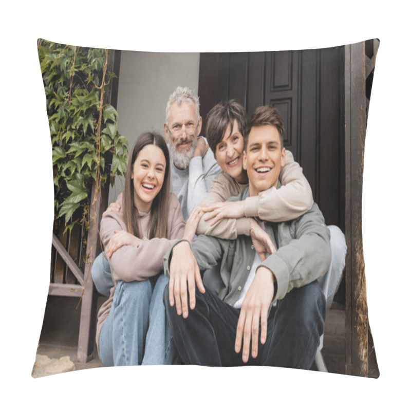 Personality  Positive Middle Aged Parents Hugging Children And Looking At Camera While Sitting On Porch Of House During Parents Day Celebration In June, Family Traditions And Celebrations Concept Pillow Covers