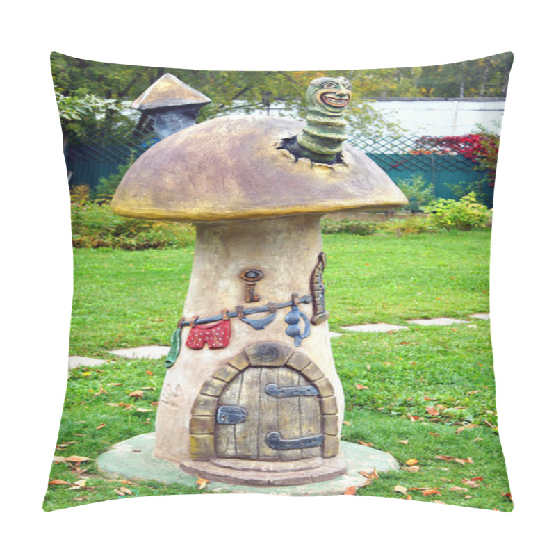 Personality  Mytishchi, Russia - September 2016: Magic Worm In A Dwarf Mushroom House. Small Fabulous Skulpture In The City Park. Pillow Covers