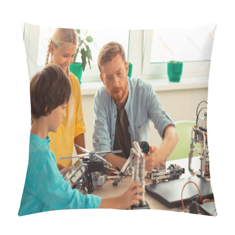 Personality  Teacher Helping Pupils Building With Construction Set. Pillow Covers