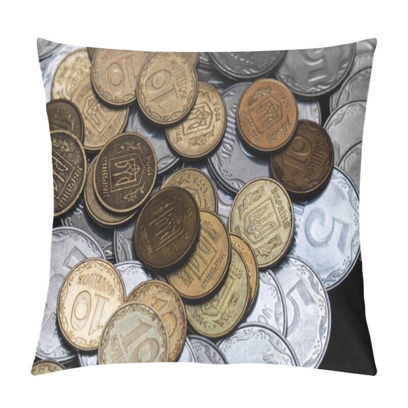 Personality  Ukrainian Coins Isolated On Black Background. Close-up View. Coins Are Located In The Center Of Frame. A Conceptual Image. Pillow Covers