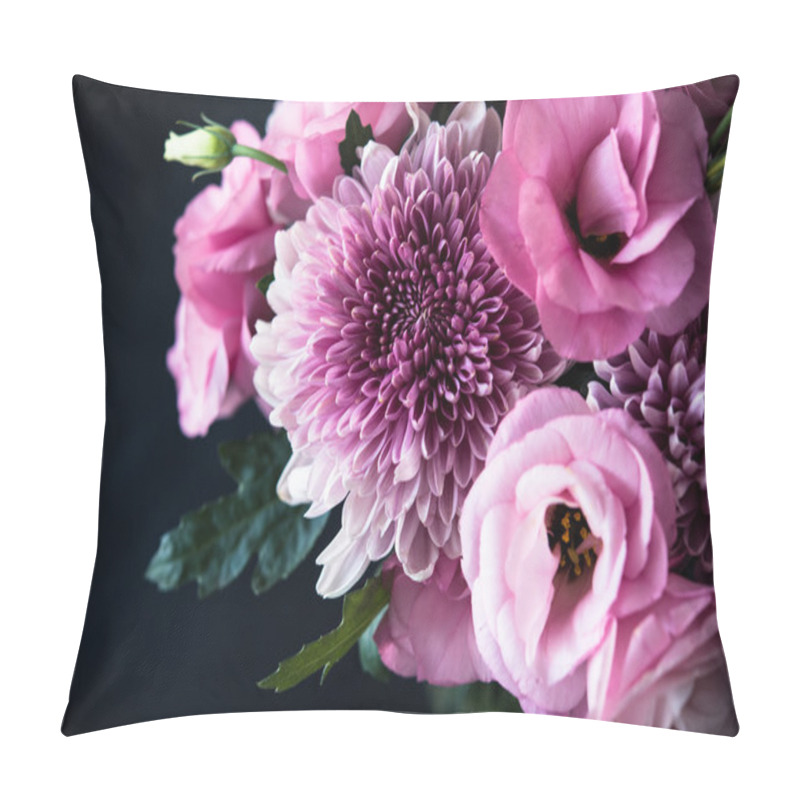 Personality  Bouquet Of Pink Flowers Closeup On Black Background Pillow Covers