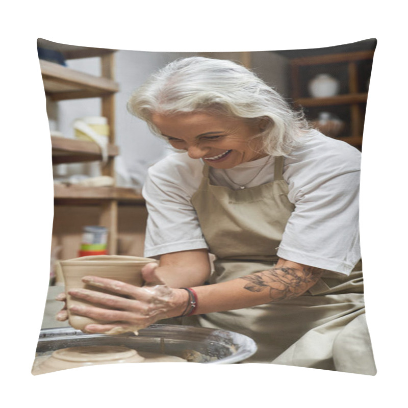 Personality  A Mature Woman Immersed In Creativity Shapes Clay, Smiling As She Crafts Her Pottery. Pillow Covers