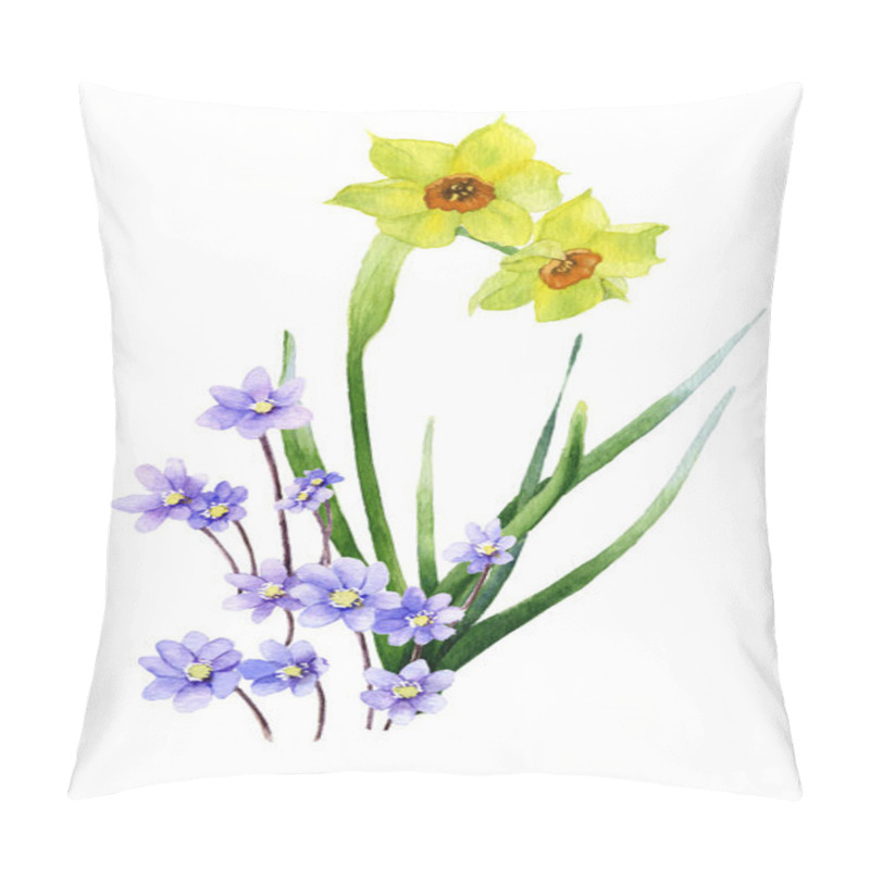 Personality  Picture Of Trumpet Daffodill (yellow Narcissus) And Light-blue Flowers (hepatic Flowers) Hand Painted In Watercolor. The Symbol Of Spring And Nature's Awakening.  Pillow Covers