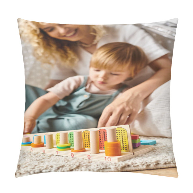 Personality  A Mother With Curly Hair Sitting On The Floor, Playing With Her Toddler Daughter Using Montessori Educational Methods. Pillow Covers