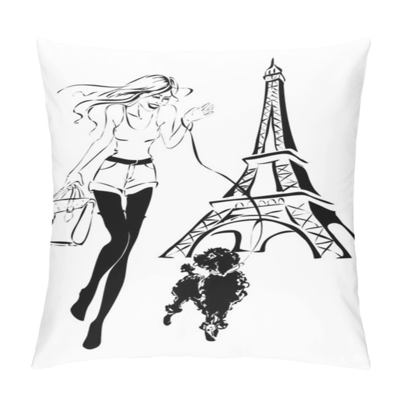 Personality  Fashion Woman With Little Dog Near Eiffel Tower Pillow Covers