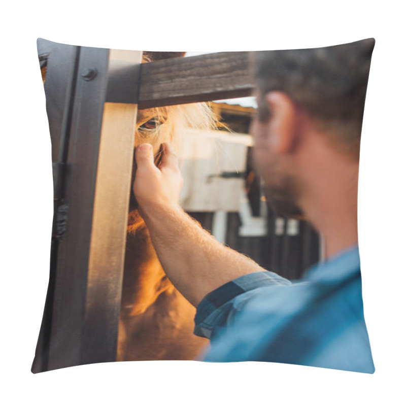 Personality  Selective Focus Of Farmer Touching Head Of Horse In Stable Near Corral Fence Pillow Covers