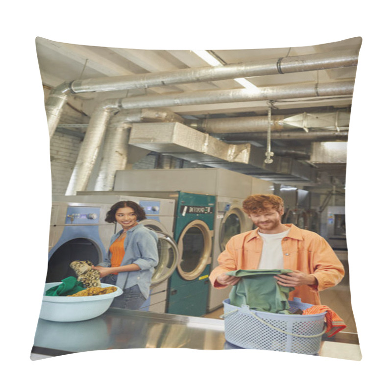 Personality  Young Interracial Couple Sorting Clothes Near Baskets On Table In Public Laundry Pillow Covers